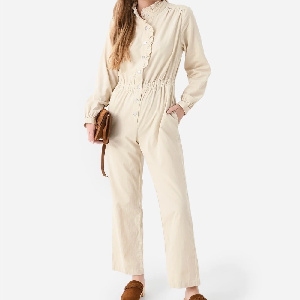Xirena Cream Tan Harlee Button Down Corduroy Ruffle Jumpsuit Playsuit